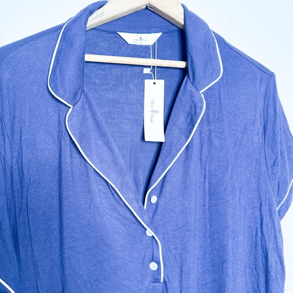 Plus Size Short Sleeve Button Down Navy nightgown with White Piping  1X - Picture 4 of 7